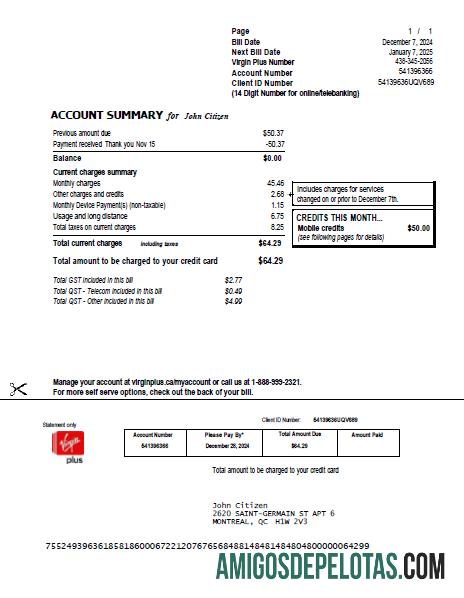 Em branco modelo de conta de serviços públicos Virgin Plus do Canadá em formatos Word e PDF